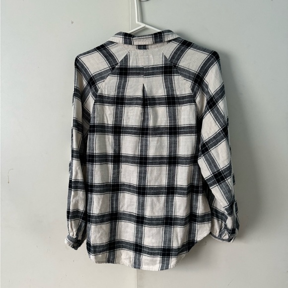 American Eagle Plaid Balloon Sleeve Flannel Button Up Shirt XS White Cream Black - Picture 3 of 8